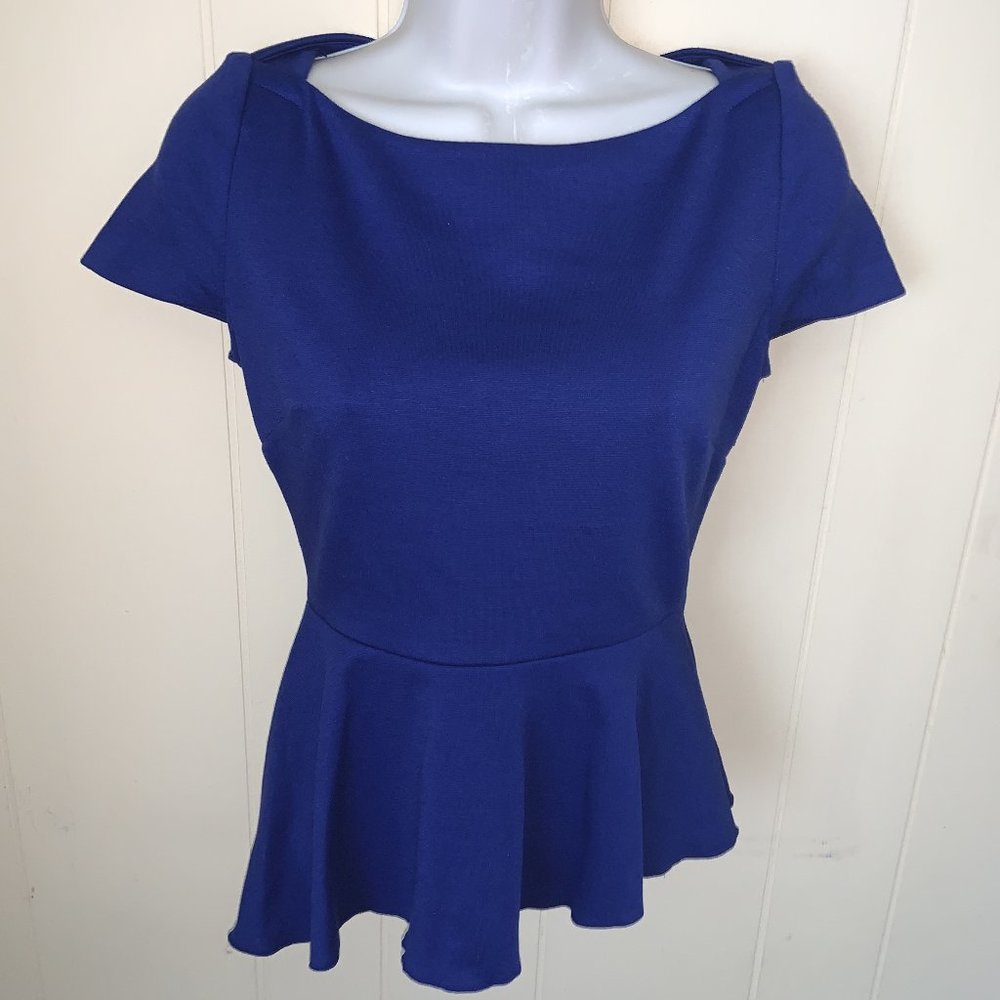 TAHARI Blue Boat Neck Asymmetric Peplum Top Blouse Shirt Size XS/TP